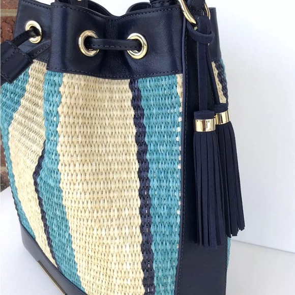 Brahmin Marlowe Navy Anguilla Straw Stripe Smooth Leather Drawstring Bucket Bag - Picture 2 of 5